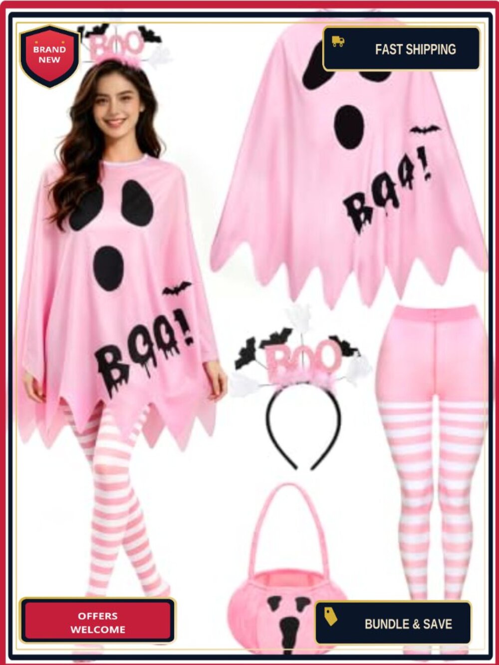 4 Pcs Ghost Costume Set Poncho Cape Headband Bag Tights Halloween